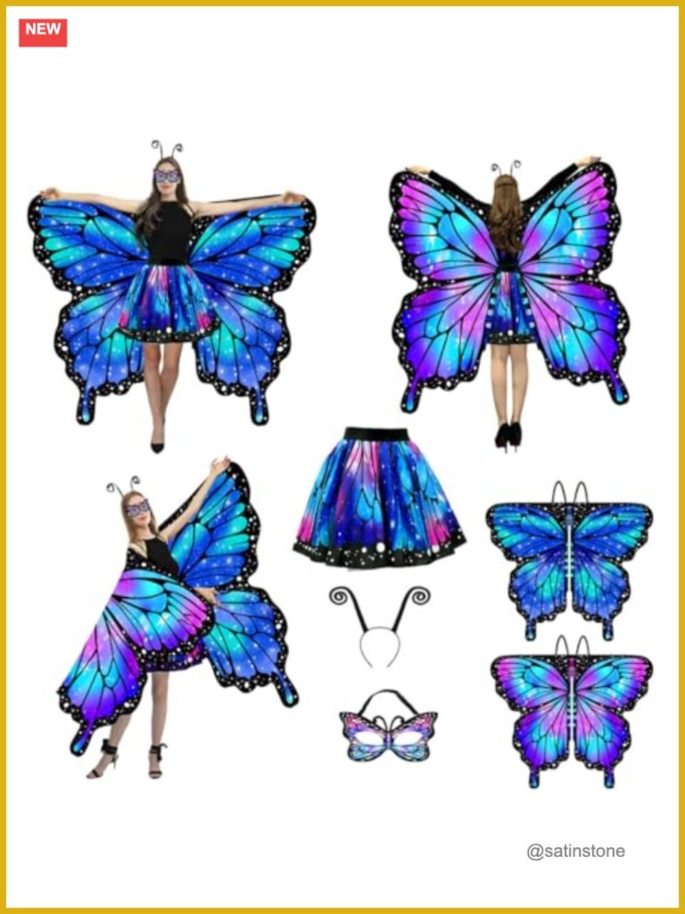 Butterfly Costume Set Reversible Wings Cape Skirt Headband Mask Silk-Feel
